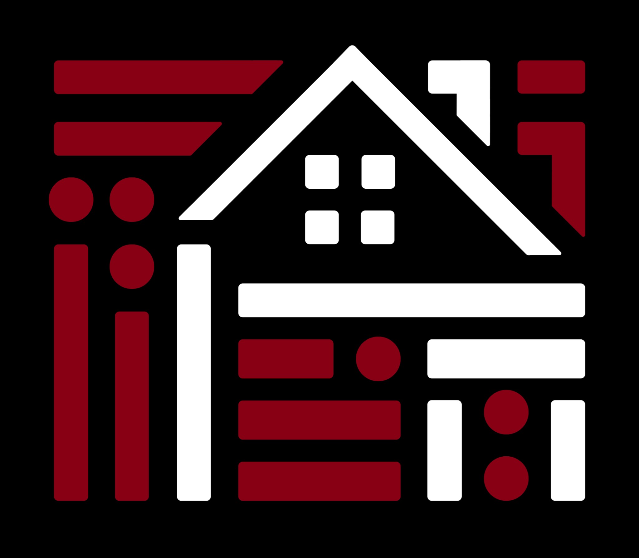 Abstrakcyjna grafika domu w kolorach białym i bordowym na czarnym tle, z geometrycznymi elementami tworzącymi nowoczesny, minimalistyczny design.