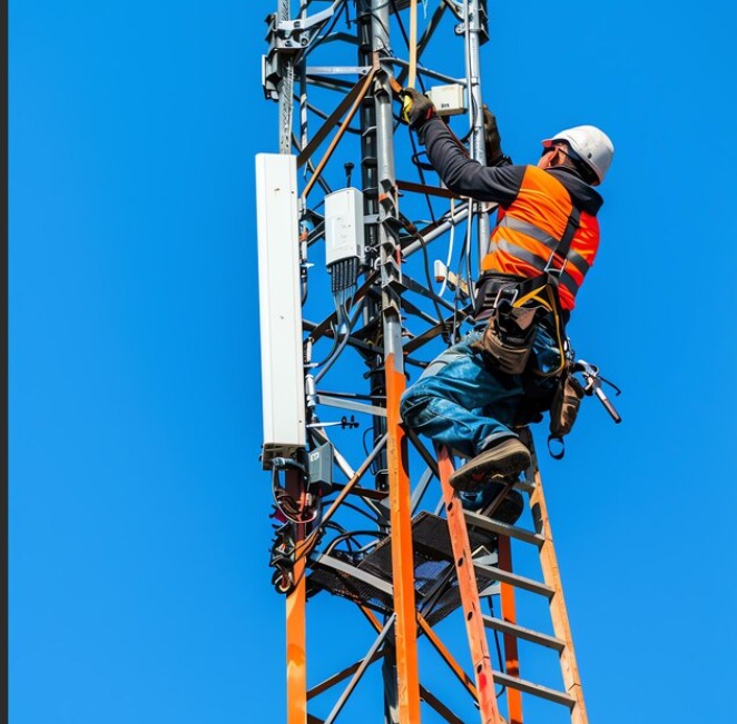 Pracownik w kasku i kamizelce na drabinie wieży telekomunikacyjnej montuje antenę na tle błękitnego nieba. Widoczne narzędzia i elementy konstrukcyjne.
