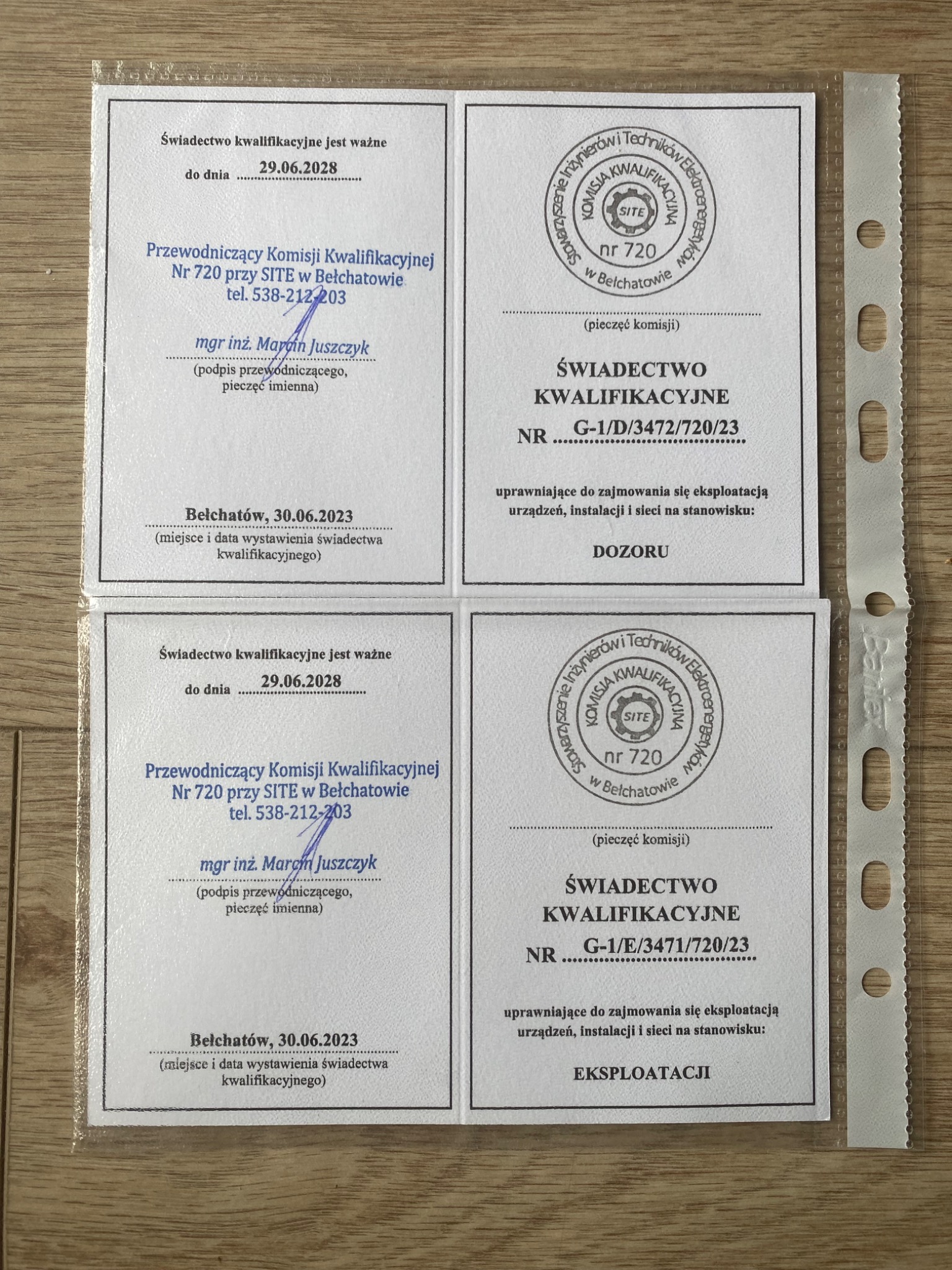 Świadectwa kwalifikacyjne elektryka z SITE Bełchatów, ważne do 29.06.2028, uprawniające do dozoru i eksploatacji urządzeń, instalacji i sieci energetycznych.