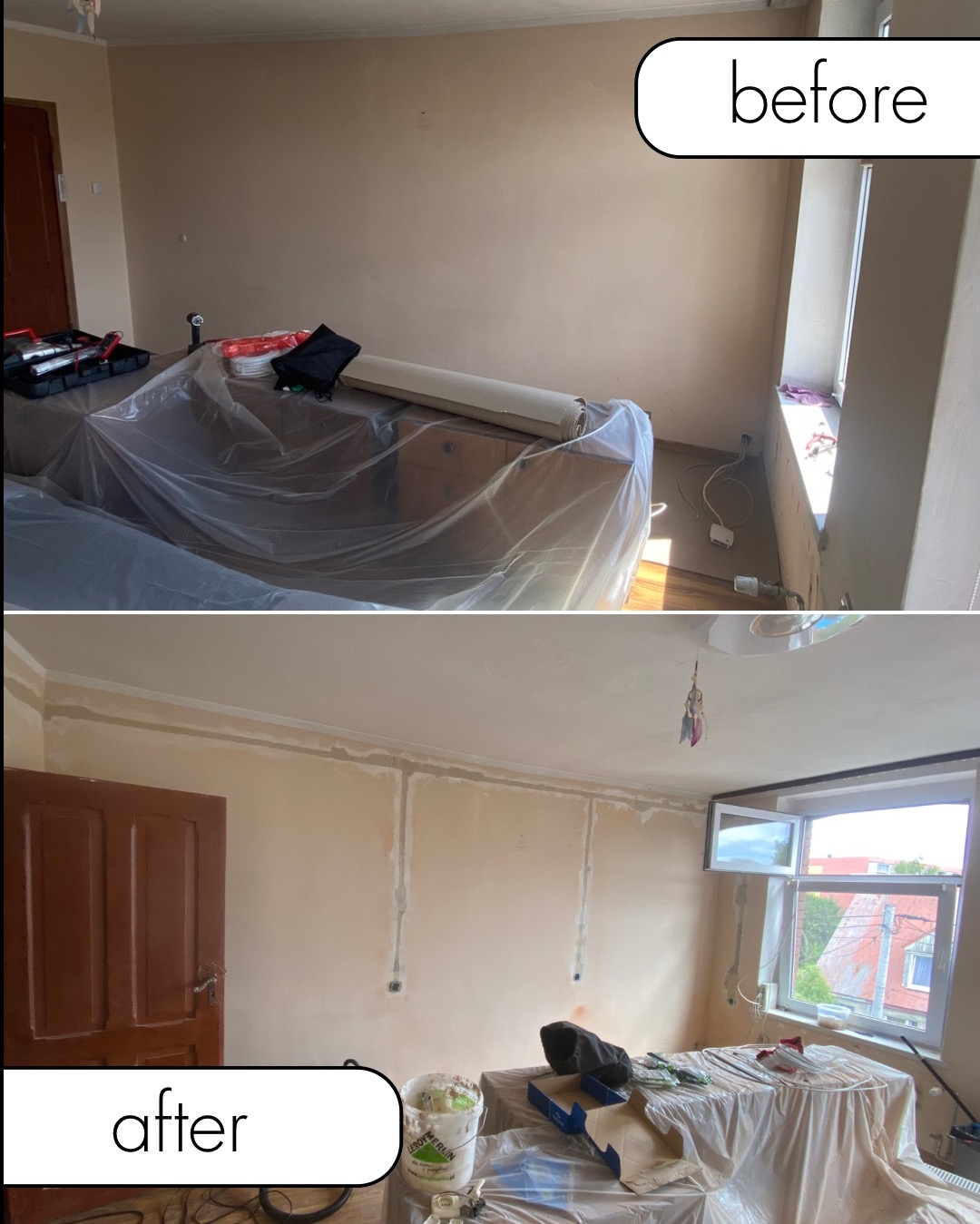 Zdjęcie 'przed i po' modernizacji instalacji elektrycznej w pokoju. Widoczne kable w ścianach po remoncie, zakryte folią meble i narzędzia.