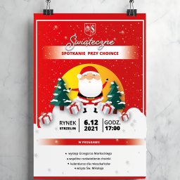 BIZNES WAY EWELINA MURASZEW - Czerwony plakat z grafiką świąteczną, wiszący na ścianie, informujący o spotkaniu przy choince 6.12.2021 w Strzelinie. Grafika przedstawia Świętego Mikołaja i choinki.