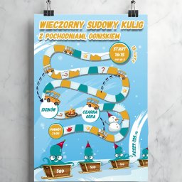BIZNES WAY EWELINA MURASZEW - Plakat z grafiką kuligu: trasa z przystankami (Idzików, Czarna Góra), start 16:15 (15 luty), powrót 21:00. Wizerunki ośmiornic w saniach. Koszt: 135 zł.