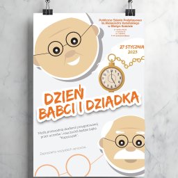 BIZNES WAY EWELINA MURASZEW - Plakat informujący o Dniu Babci i Dziadka w Publicznej Szkole Podstawowej w Białym Kościele, z grafiką zegara i stylizowanymi portretami seniorów.