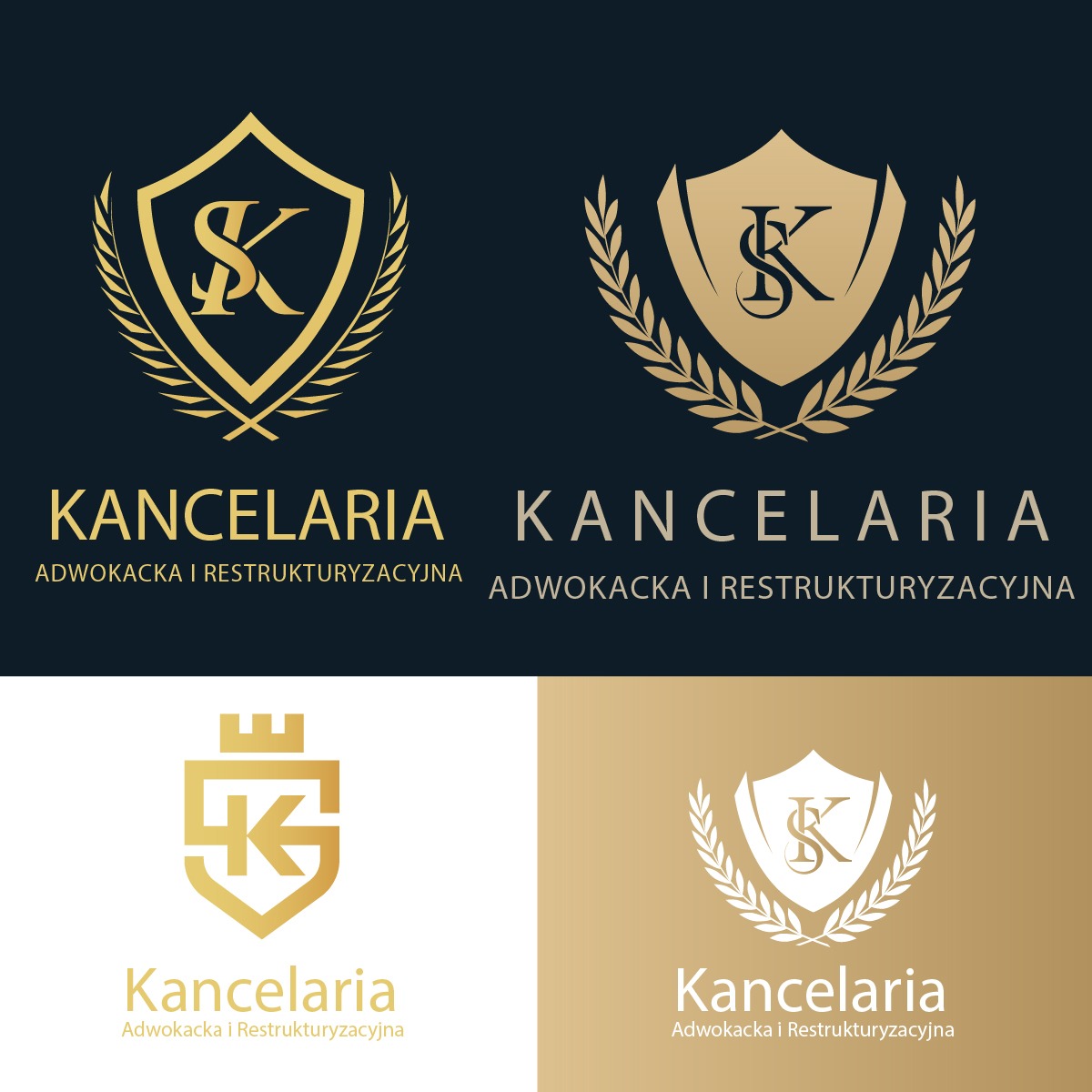 Cztery warianty złotego logo kancelarii adwokackiej i restrukturyzacyjnej na różnych tłach: granatowym, białym i złotym. Logo w formie tarczy lub korony, z inicjałami i wieńcem.