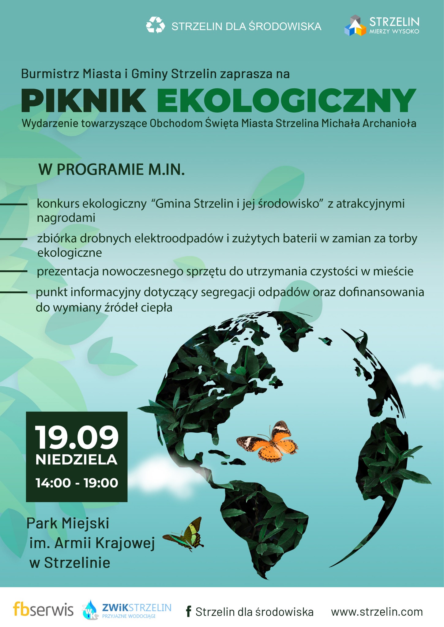 Plakat informujący o pikniku ekologicznym w Strzelinie, z motywem mapy świata z liści i motyli. Zawiera datę, godzinę i miejsce wydarzenia.