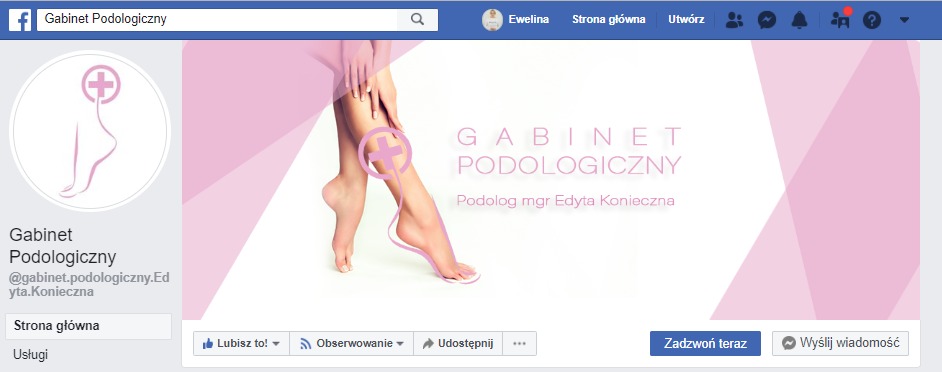 Zdjęcie profilowe Gabinetu Podologicznego na Facebooku z logo stopy z krzyżem i informacjami o podolog mgr Edycie Koniecznej oraz różowymi elementami graficznymi.
