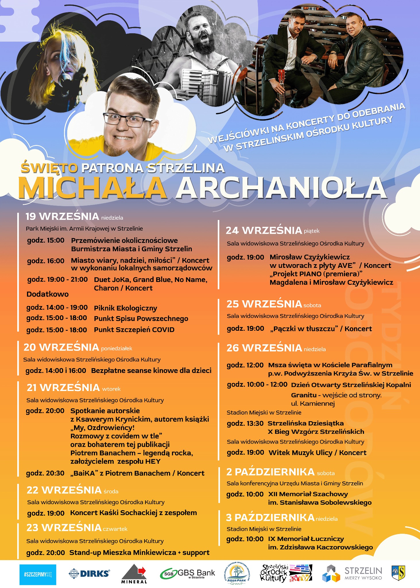 Plakat wydarzenia kulturalnego w Strzelinie: Święto Patrona Strzelina Michała Archanioła. Grafika z wizerunkami artystów i informacjami o dacie, godzinie i miejscu wydarzeń.