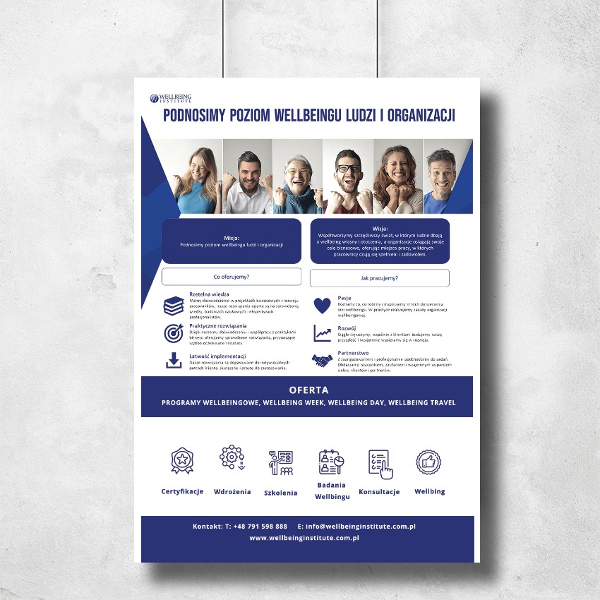 Plakat informacyjny Wellbeing Institute: Podnosimy poziom wellbeingu ludzi i organizacji. Oferta programów, certyfikacje, szkolenia, badania wellbingu, konsultacje.