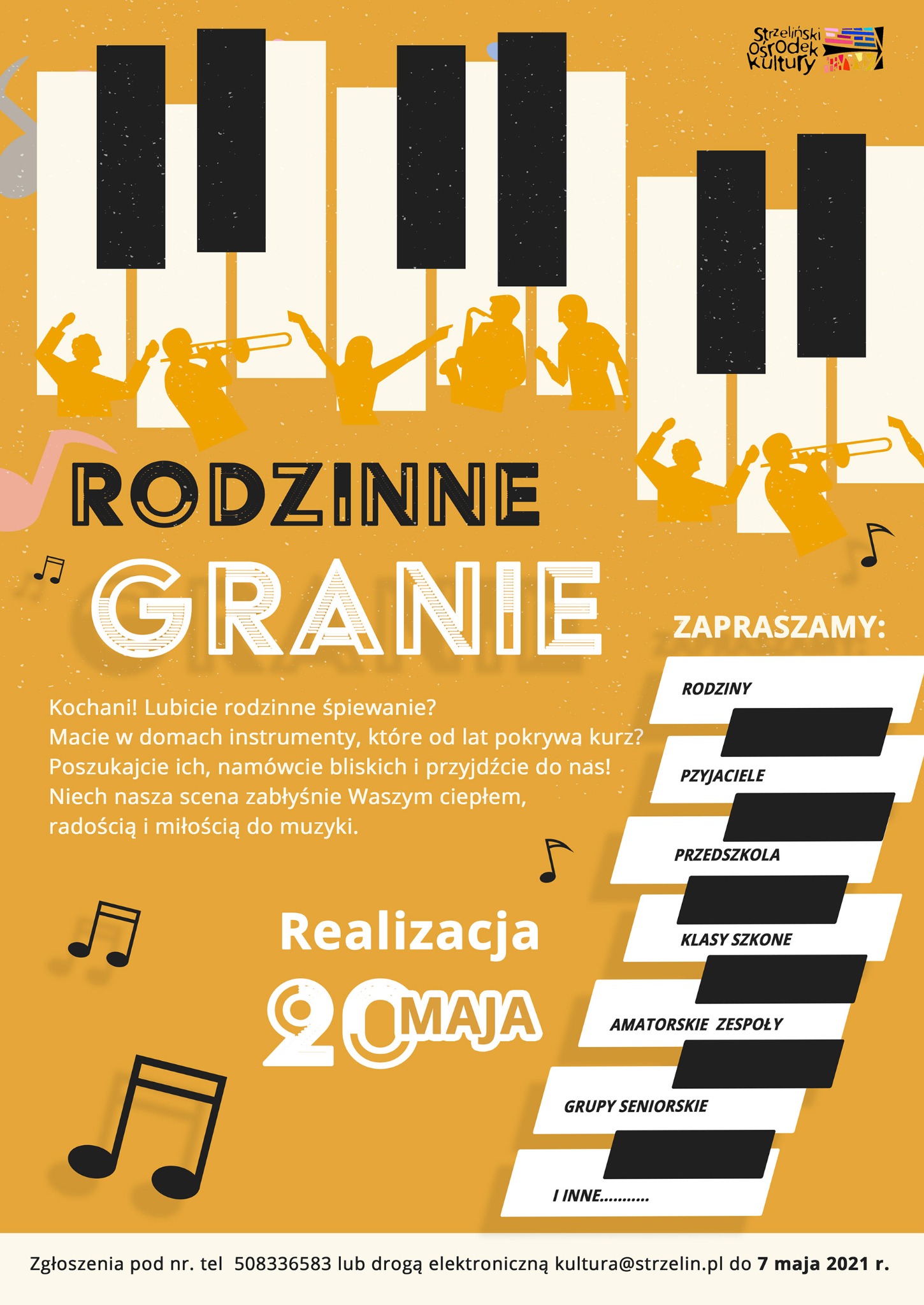 Plakat wydarzenia 'Rodzinne Granie' z grafiką klawiatury fortepianu i sylwetkami muzyków, zapraszający rodziny, przyjaciół, przedszkola i inne grupy.