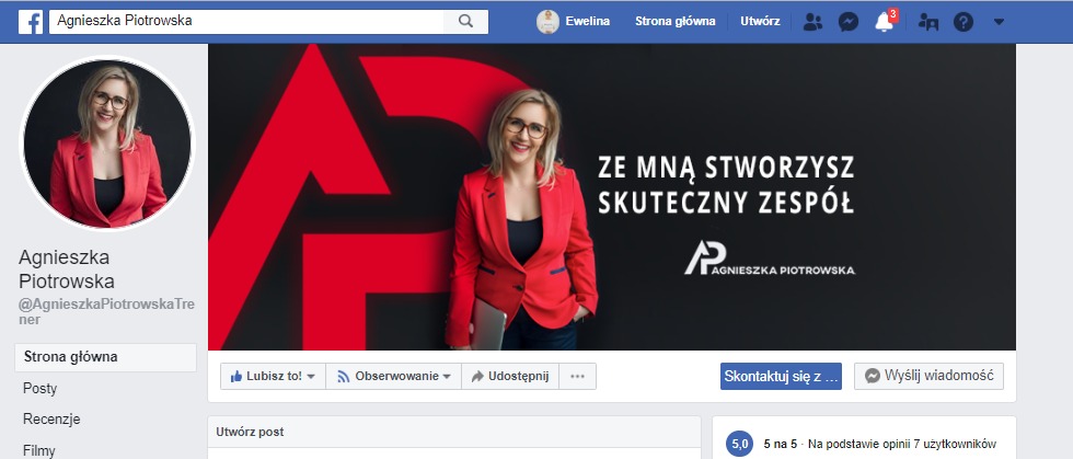 Profil na Facebooku z portretowym zdjęciem kobiety w czerwonej marynarce, logo AP i hasłem 'Ze mną stworzysz skuteczny zespół'.