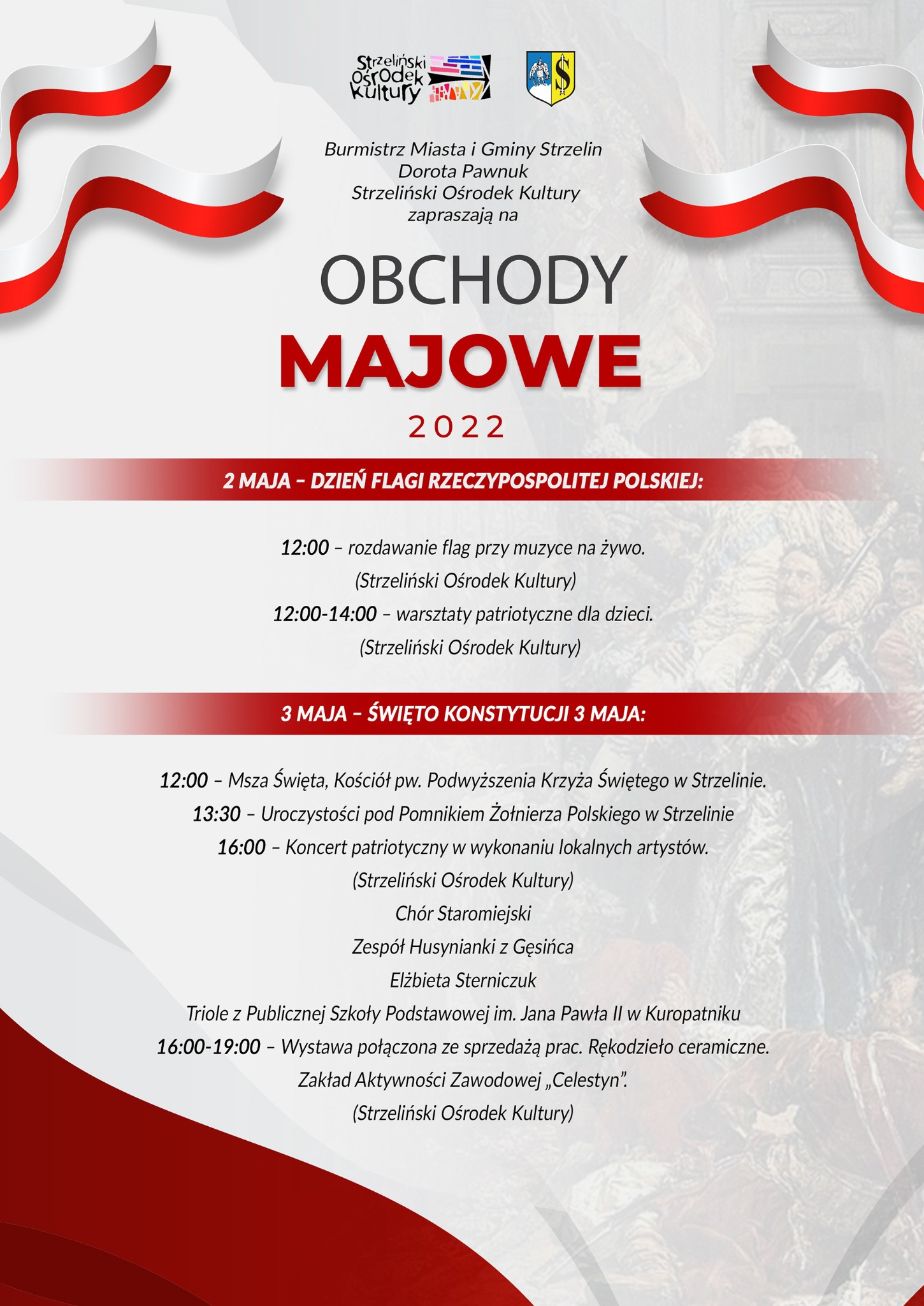 Plakat informujący o obchodach majowych w Strzelińskim Ośrodku Kultury, z motywem flagi Polski i datami wydarzeń.