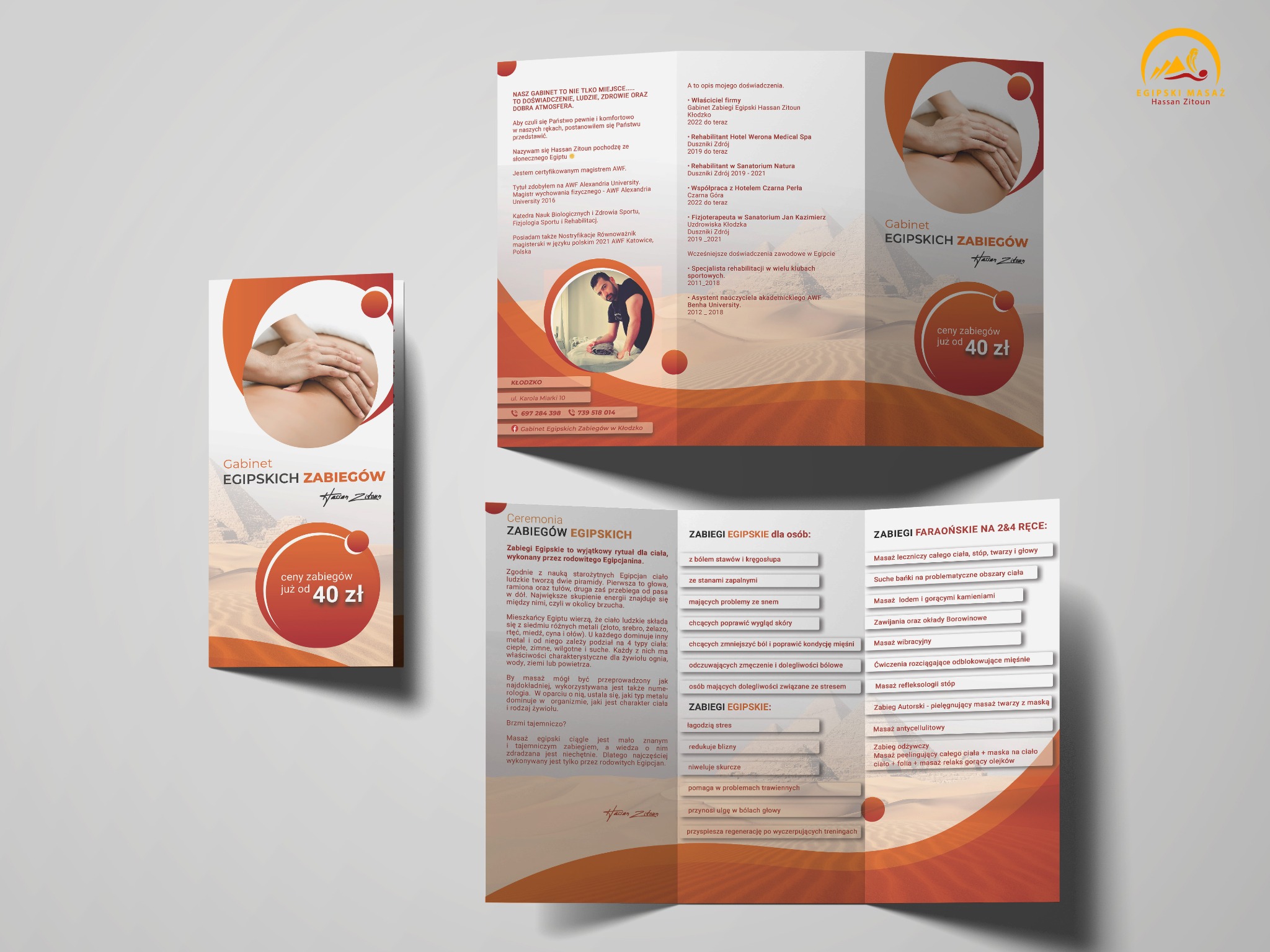 Ulotka gabinetu masażu egipskiego Hassan Zitoun z informacjami o zabiegach, doświadczeniu i cenach. Grafika w ciepłej kolorystyce z motywem piramid i pustyni.