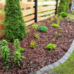 Kaskadowa rabata z obrzeżem z kostki, wysypana korą, z nasadzeniami: tuje stożkowe, funkie, trawy ozdobne. W tle drewniane ogrodzenie z surowych desek.