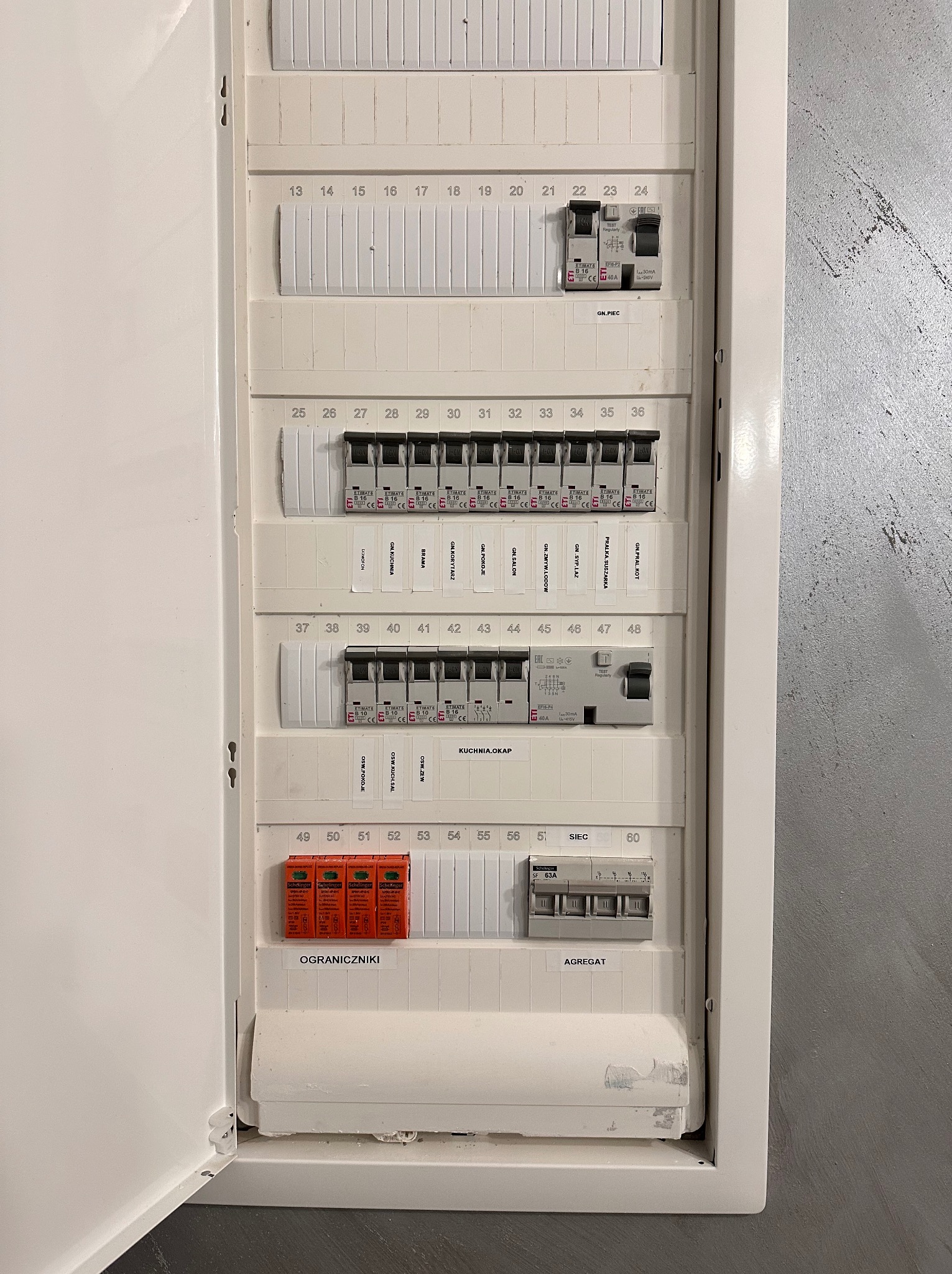 Otwarta skrzynka rozdzielcza z bezpiecznikami, opisana etykietami, z widocznymi ogranicznikami przepięć i wyłącznikami. Widok na domową instalację elektryczną.