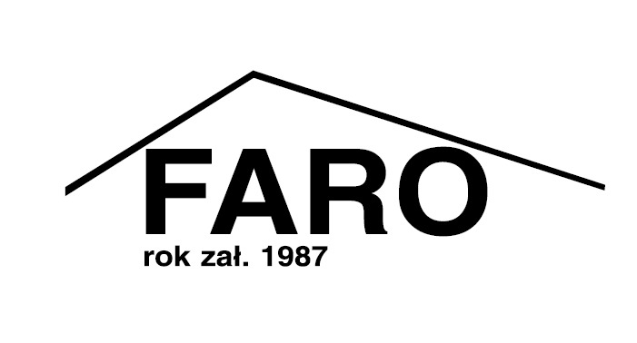 Czarno-białe logo firmy FARO z rokiem założenia 1987, umieszczone pod graficznym symbolem dachu domu. Minimalistyczny design, czcionka bezszeryfowa.