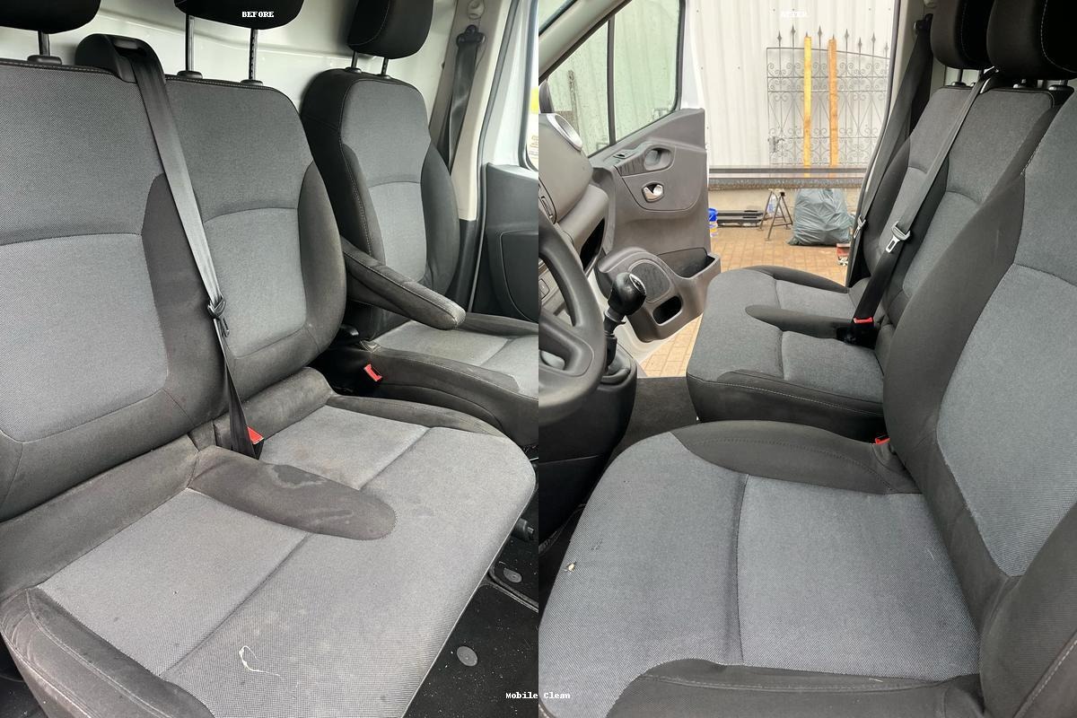 Przed i po: pranie tapicerki samochodowej. Po lewej brudne siedzenia, po prawej czyste, odświeżone. Widoczne detale tapicerki i pasy bezpieczeństwa.