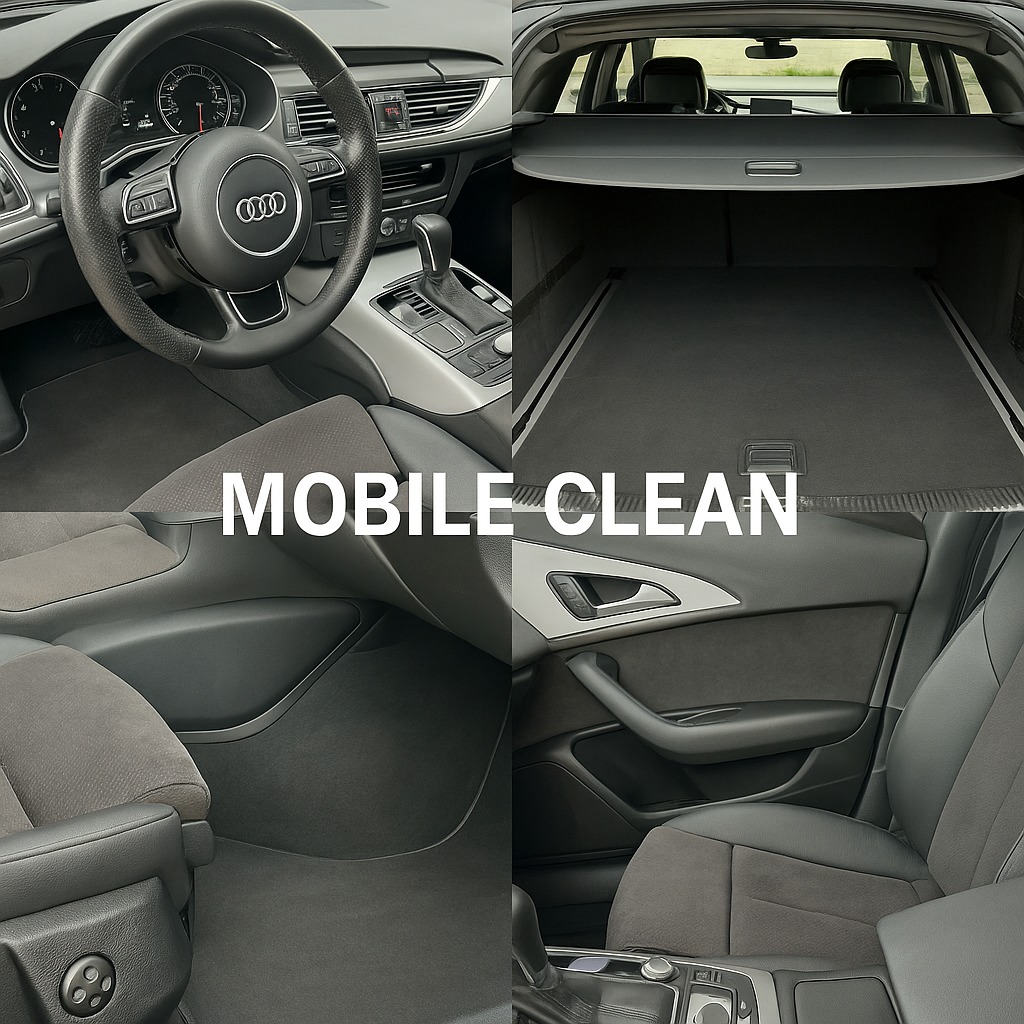Wnętrze czystego, szarego Audi A6 Avant. Widok na deskę rozdzielczą, kierownicę, fotele i bagażnik. Prezentacja detali po usłudze czyszczenia.