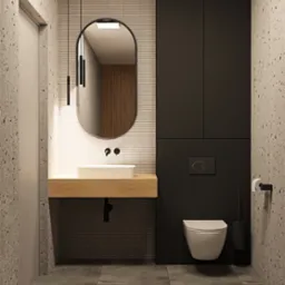 Stylowa łazienka z betonowymi ścianami, owalnym lustrem i drewnianym blatem. Minimalistyczna armatura, wisząca toaleta i czarne szafki tworzą nowoczesny klimat.