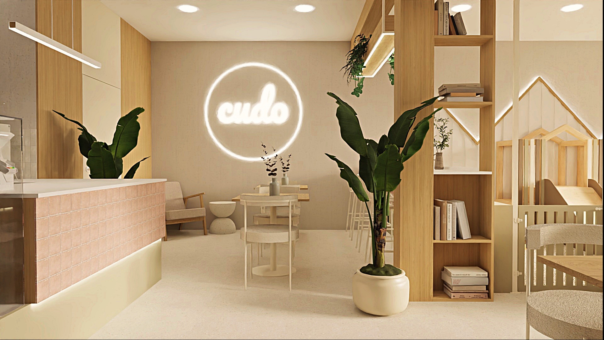 Jasne wnętrze kawiarni z neonowym logo 'cudo', roślinami w donicach, drewnianymi regałami i strefą zabaw dla dzieci w tle. Minimalistyczny design z akcentami naturalnymi.