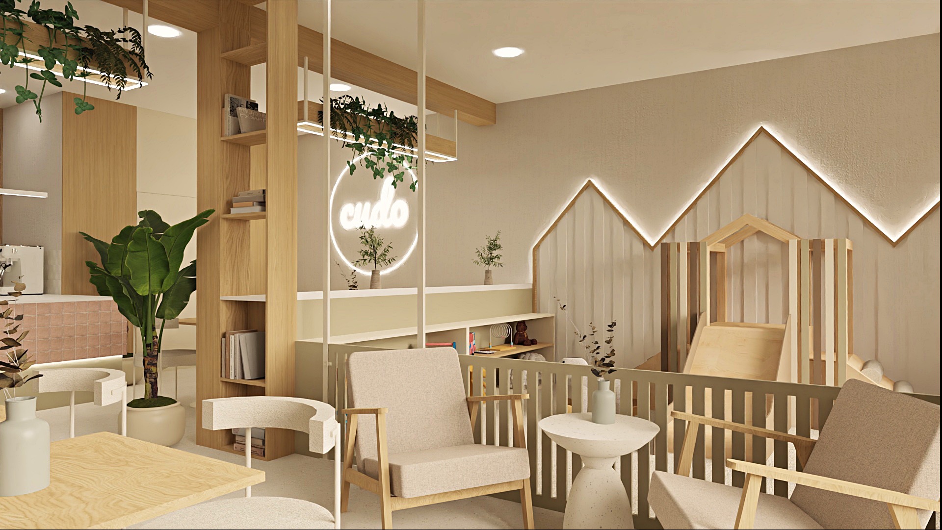 Jasne, nowoczesne wnętrze pokoju dziecięcego w Bielsku-Białej. W tle dekoracja ścienna z podświetleniem LED i drewniany domek ze zjeżdżalnią. Wygodne fotele i rośliny doniczkowe.