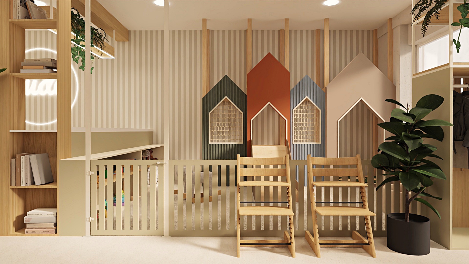 Jasny pokój dziecięcy z motywem domków na ścianie, drewnianymi krzesełkami i rośliną doniczkową. Ustawne półki z książkami i bezpieczne ogrodzenie.