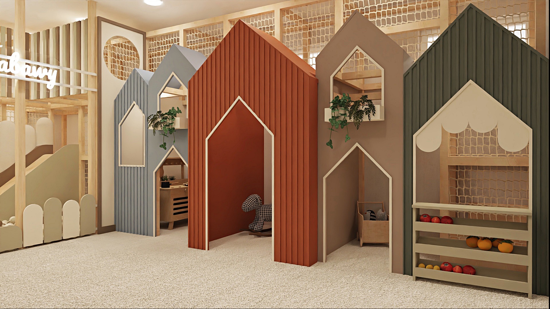 Projekt pokoju zabaw dla dzieci z kolorowymi domkami, drewnianą konstrukcją i siatką zabezpieczającą. Widoczne detale wyposażenia i oświetlenie.