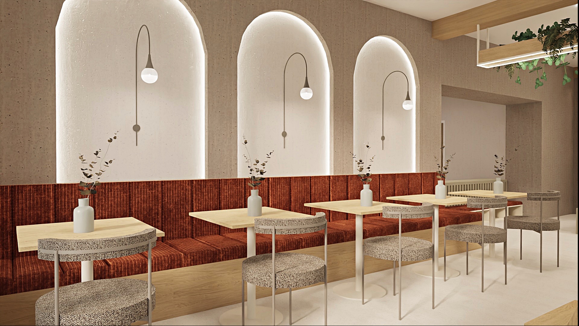 Wizualizacja wnętrza kawiarni z rzędami stolików i krzeseł, oświetlonych lampami w niszach. Dominują ciepłe barwy i minimalistyczny design. Dekoracje z roślin i kwiatów.