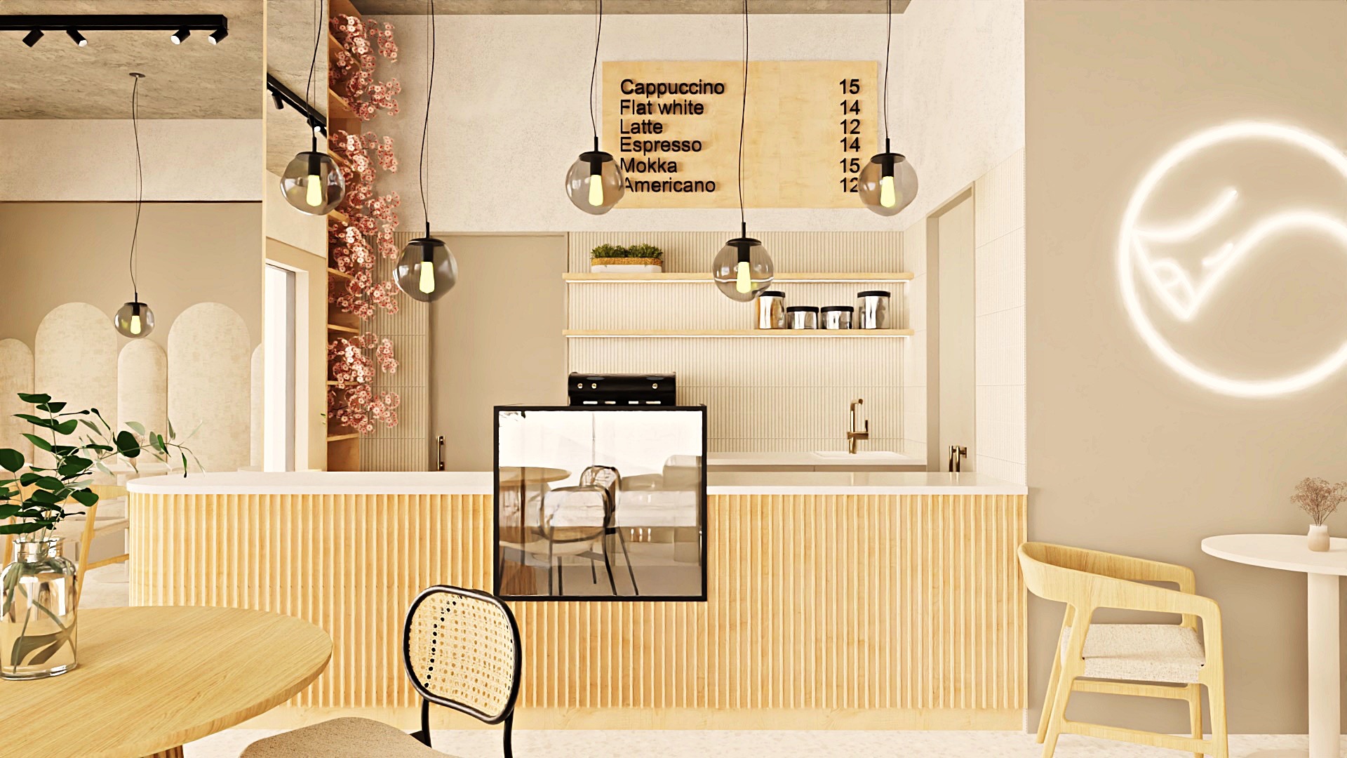 Kawiarnia w beżach: drewniana lada z ekspozytorem, menu na ścianie, neonowe logo, wiszące lampy i rośliny. Przytulne, nowoczesne wnętrze.
