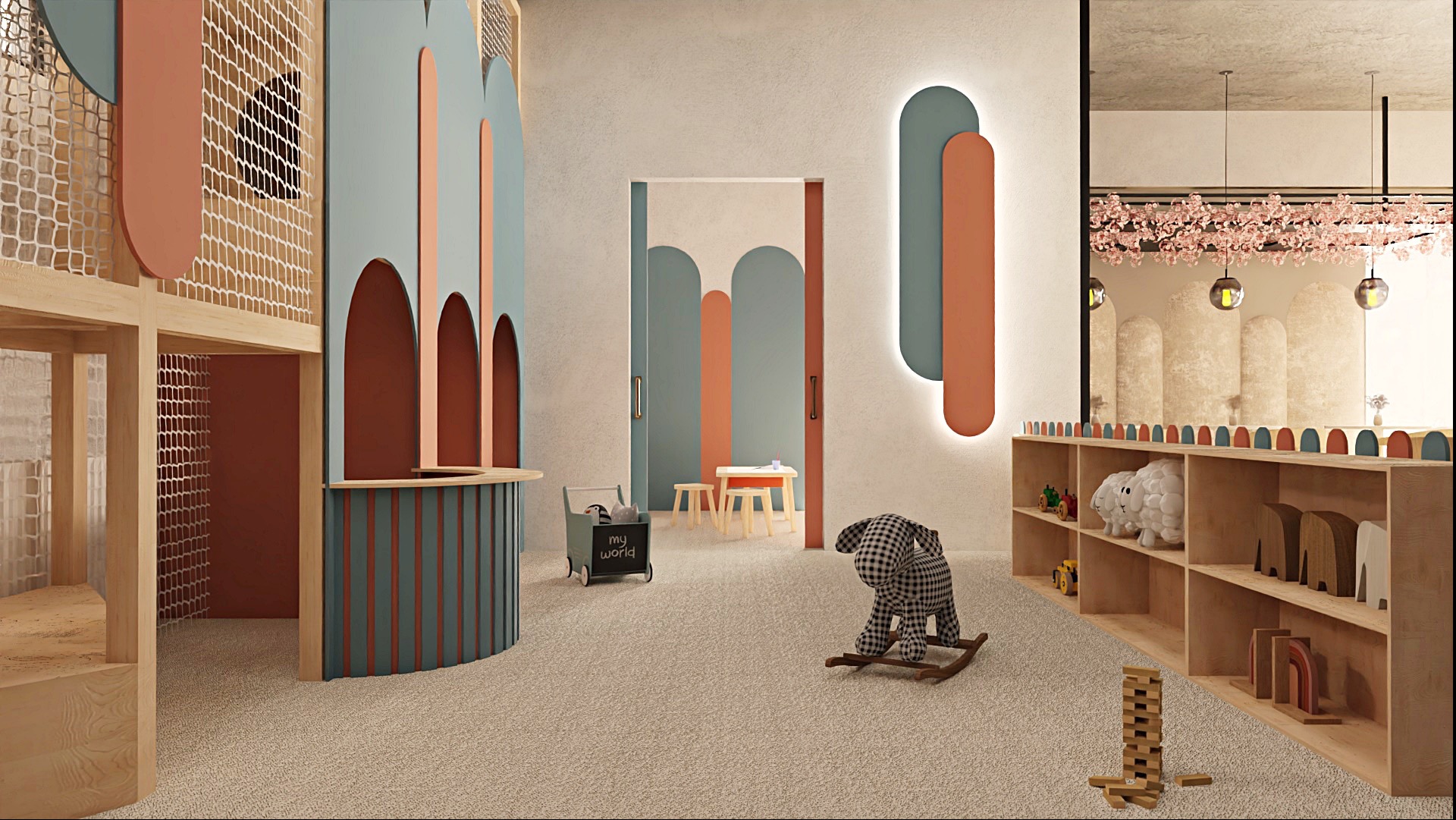 Pastelowa aranżacja pokoju zabaw: drewniany plac zabaw z siatką, regał z zabawkami, konik na biegunach i dekoracyjne elementy w kształcie łuków.