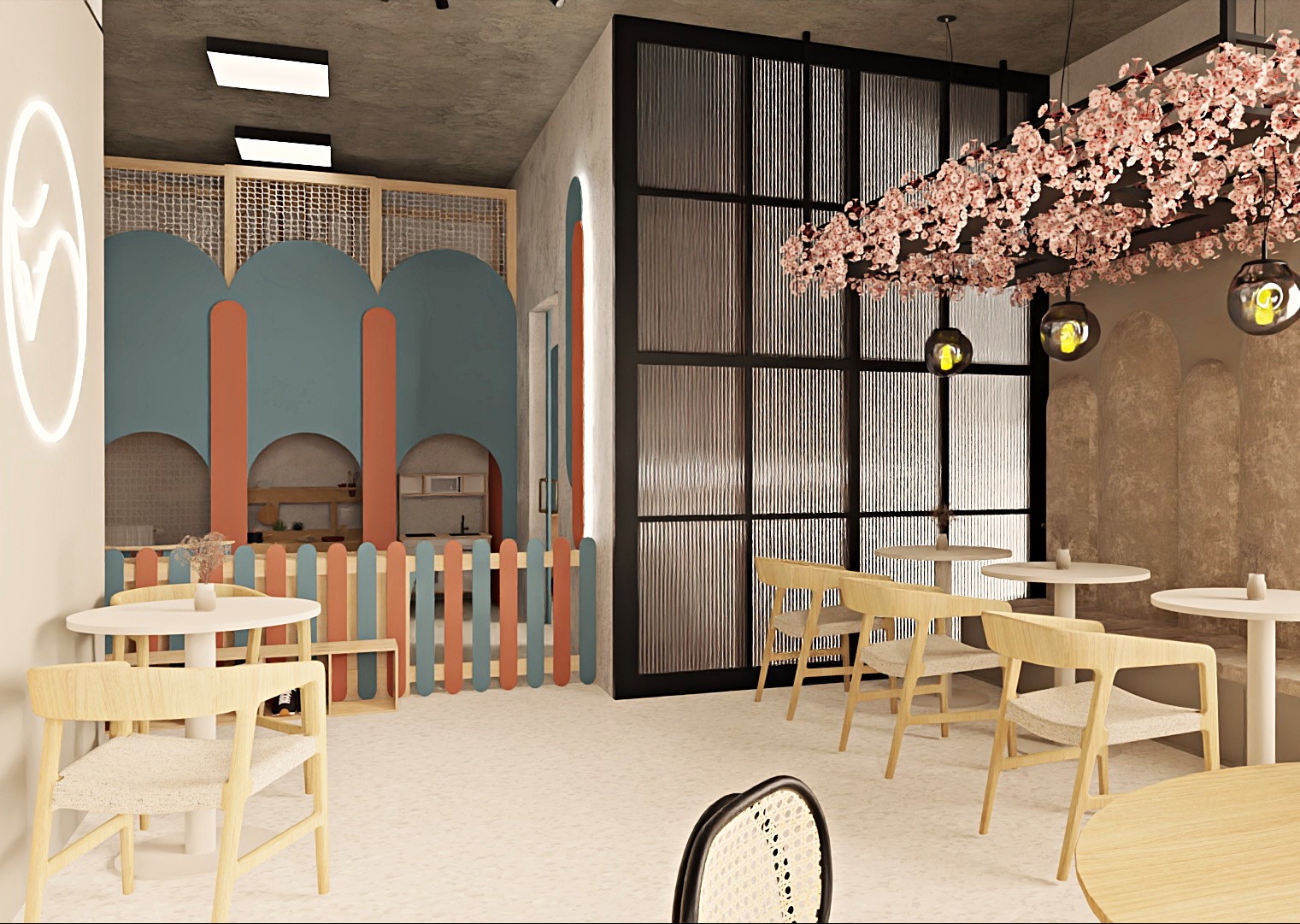 Kawiarnia z jasnymi meblami, dekoracjami w stylu japońskim i strefą dla dzieci z niskim płotkiem. Całość w pastelowych barwach, oświetlona wiszącymi lampami.