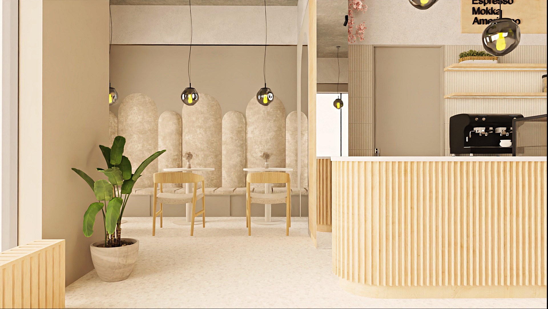 Kawiarnia w beżach: drewniane krzesła, okrągłe stoliki, dekoracyjne panele ścienne i nowoczesne lampy wiszące. Minimalistyczny, jasny wystrój.