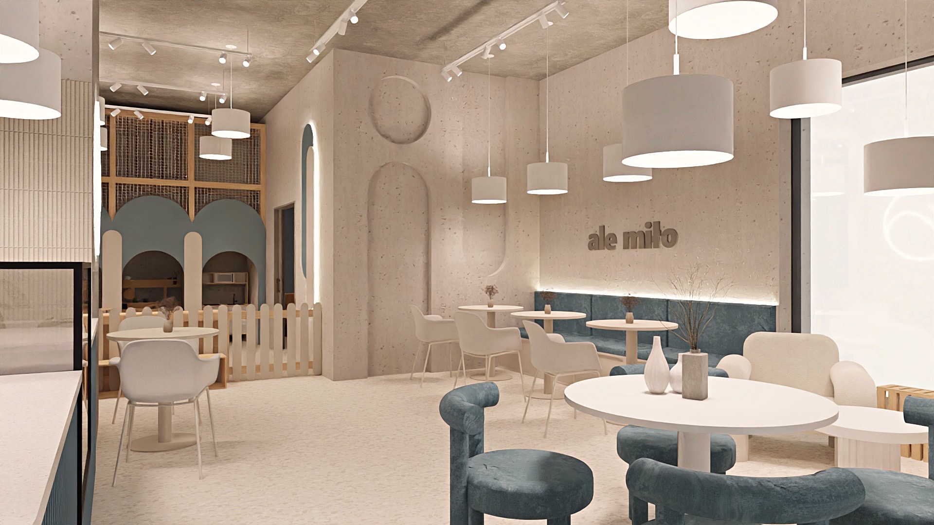 Kawiarnia 'Ale Milo': jasne wnętrze z turkusowymi akcentami, okrągłe stoliki, białe krzesła i lampy. Na ścianie logo, w tle strefa zabaw dla dzieci oddzielona płotkiem.