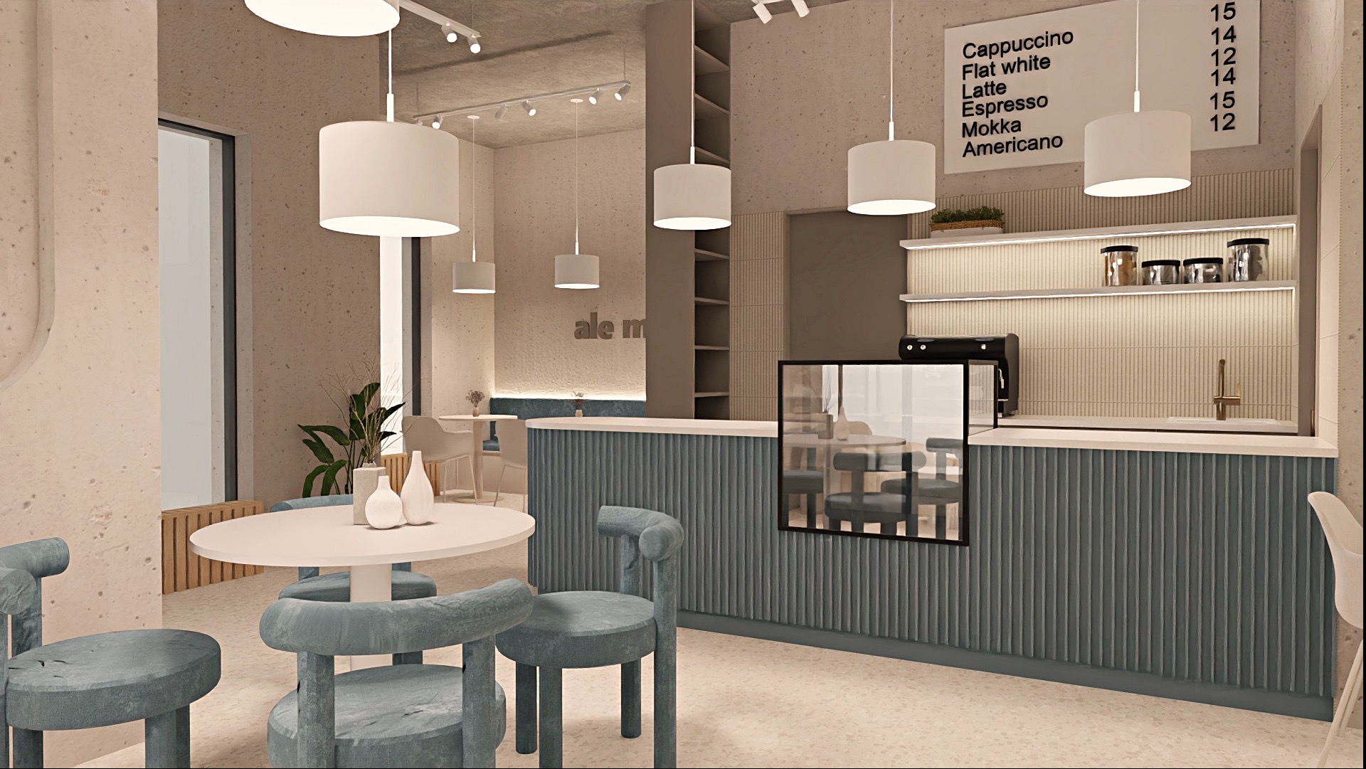 Wnętrze kawiarni z ladą, stolikami i krzesłami w odcieniach beżu i błękitu. Minimalistyczny design, wiszące lampy, tablica z menu. Stonowana kolorystyka, przytulna atmosfera.