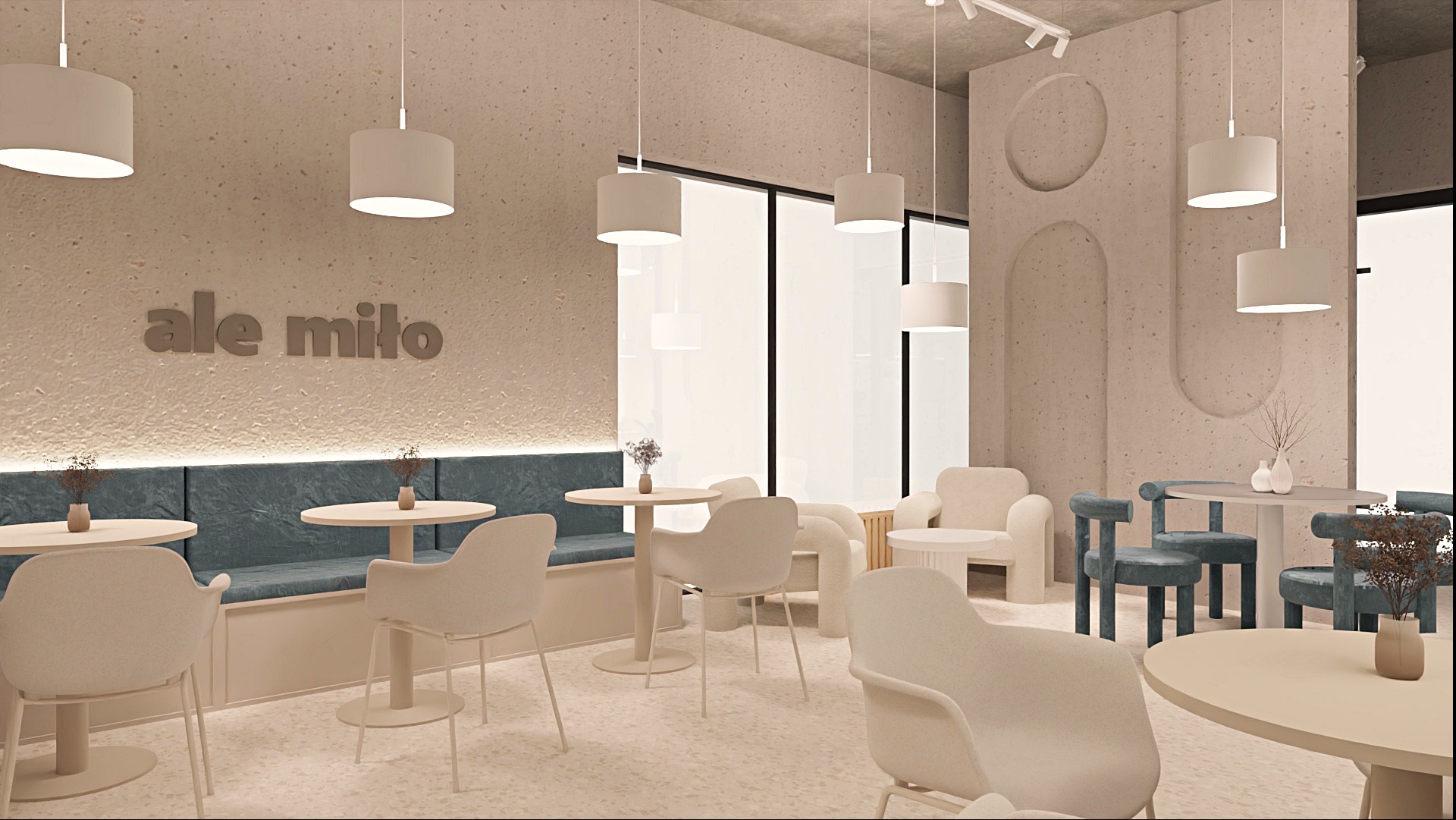 Kawiarnia w beżach: neutralne krzesła, okrągłe stoliki z kwiatami, niebieska sofa w zabudowie, lampy cylindryczne i logo 'ale miło' na teksturowanej ścianie.