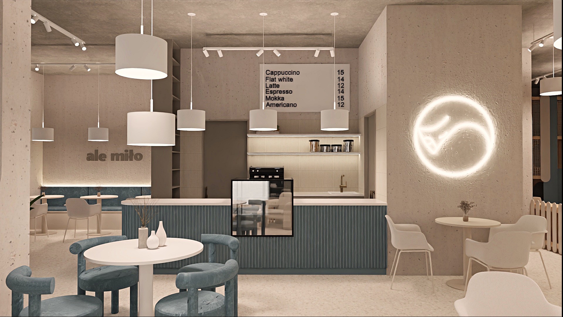 Wnętrze kawiarni w neutralnych barwach z dekoracyjnym neonem, menu na ścianie i nowoczesnymi lampami. Widoczne stoliki i krzesła w pastelowych odcieniach.