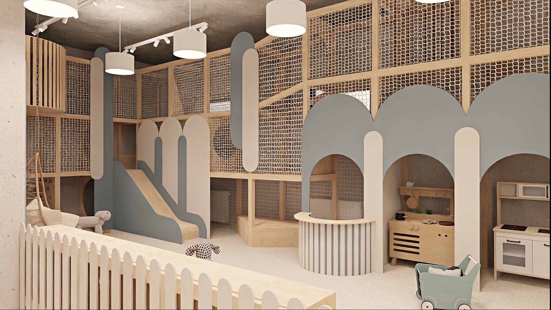 Wnętrze pokoju zabaw w stylu skandynawskim: drewniane konstrukcje, siatki, zjeżdżalnia, mała kuchnia i zabawki. Delikatna kolorystyka, miękkie światło.