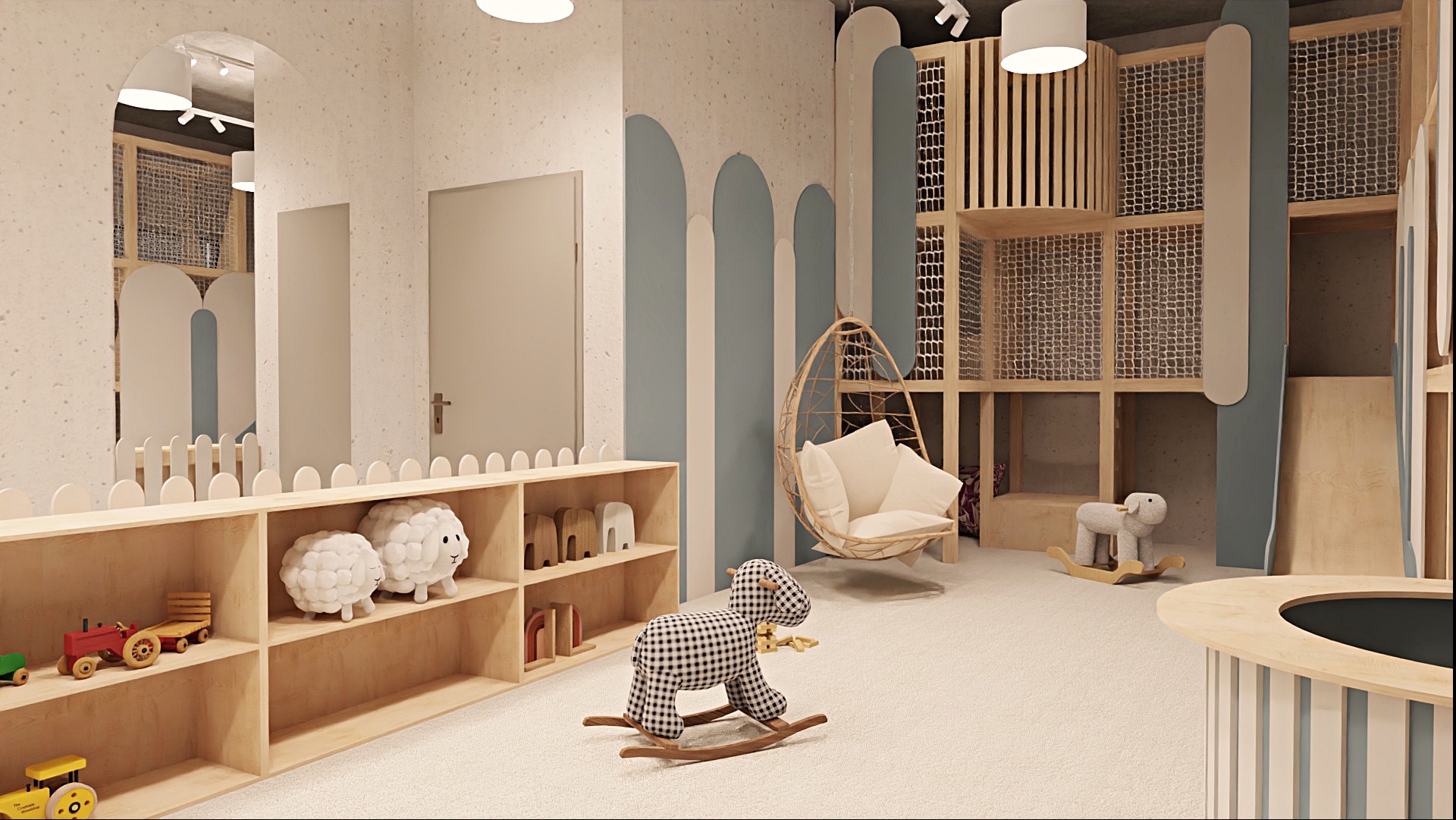 Jasne wnętrze pokoju dziecięcego z drewnianymi meblami, zabawkami (owce, konik na biegunach), wiszącym fotelem i konstrukcją do zabawy. Styl skandynawski.