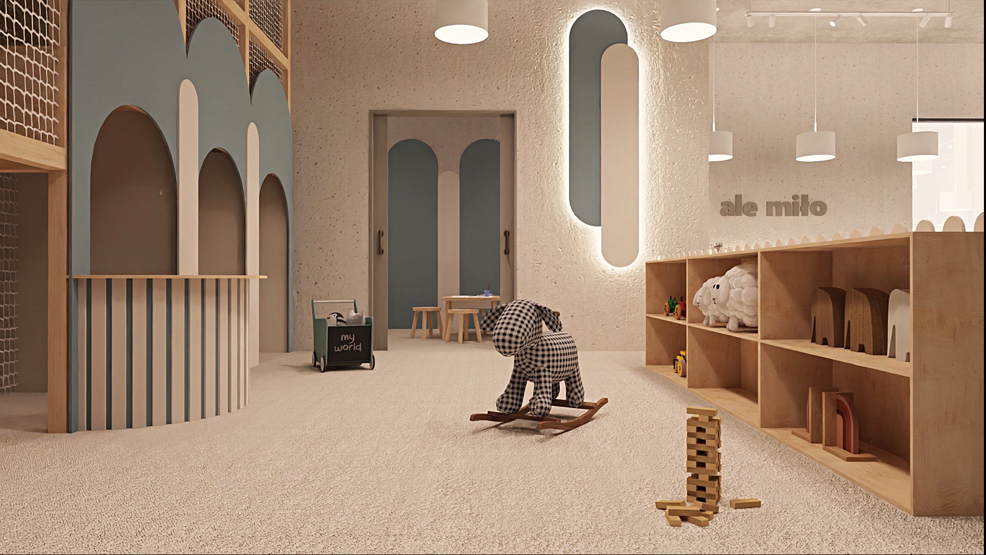 Kreatywny pokój zabaw dla dzieci z drewnianymi meblami, pastelowymi akcentami i zabawkami. Na ścianie napis 'ale miło'.