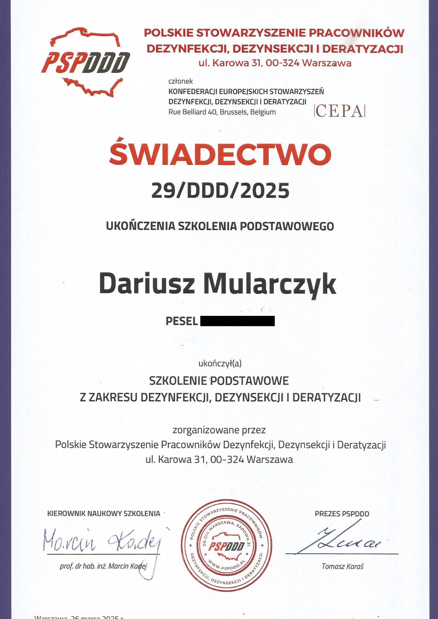 Skan świadectwa ukończenia szkolenia podstawowego z zakresu dezynfekcji, dezynsekcji i deratyzacji, wydanego przez Polskie Stowarzyszenie Pracowników.