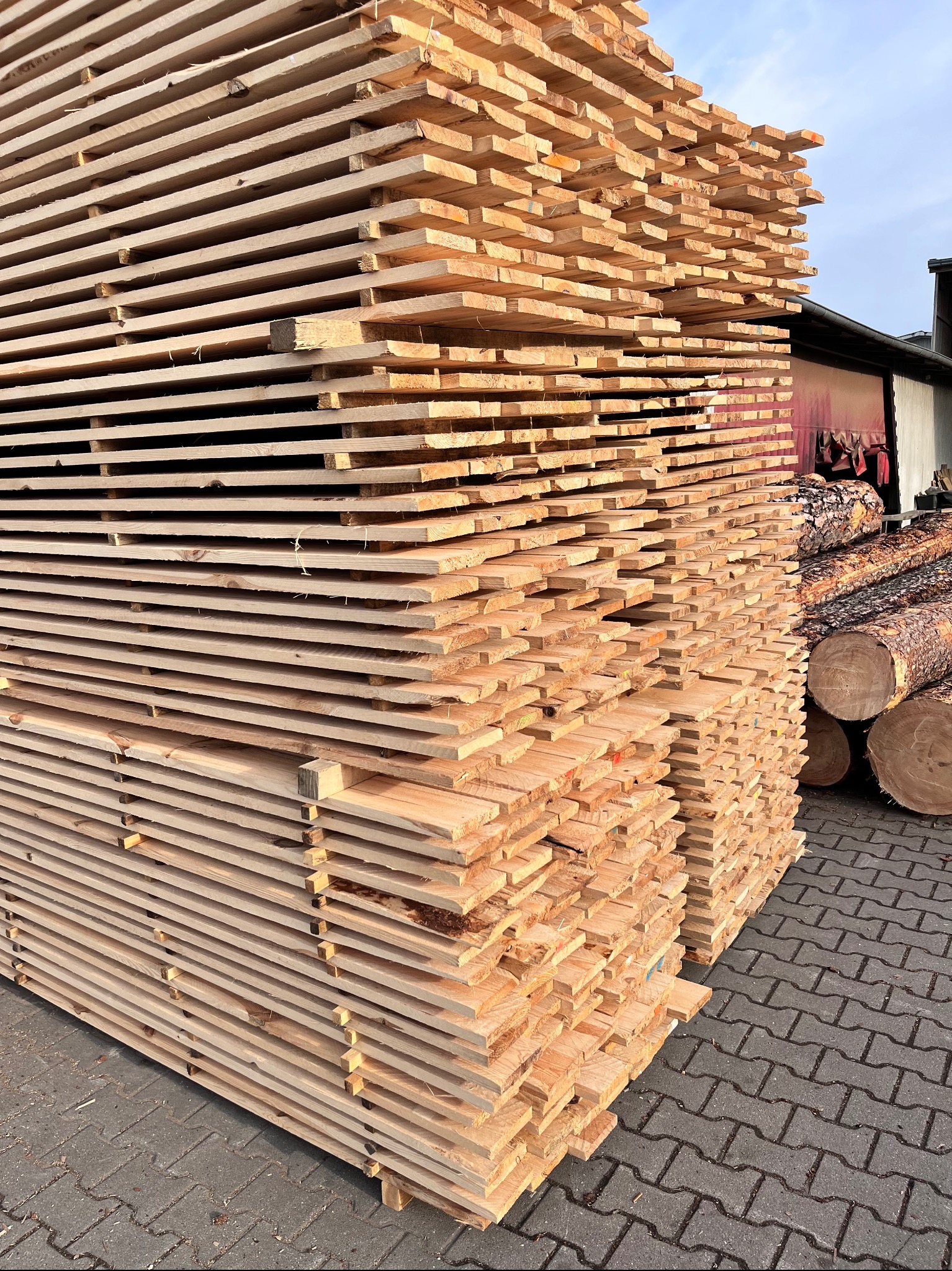 Ułożone w stosy, jasne deski tarcicy budowlanej na zewnątrz, obok leżą pnie drzew. Widoczny fragment budynku w tle.