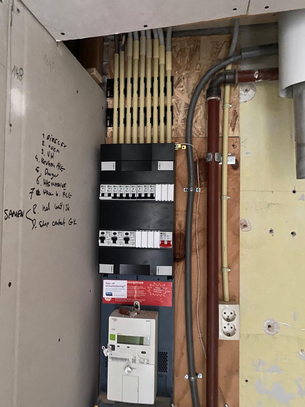 Rozdzielnia elektryczna z przewodami w żółtych peszlach, zabezpieczeniami i licznikiem energii, zamontowana na drewnianej płycie. Na ścianie notatki.