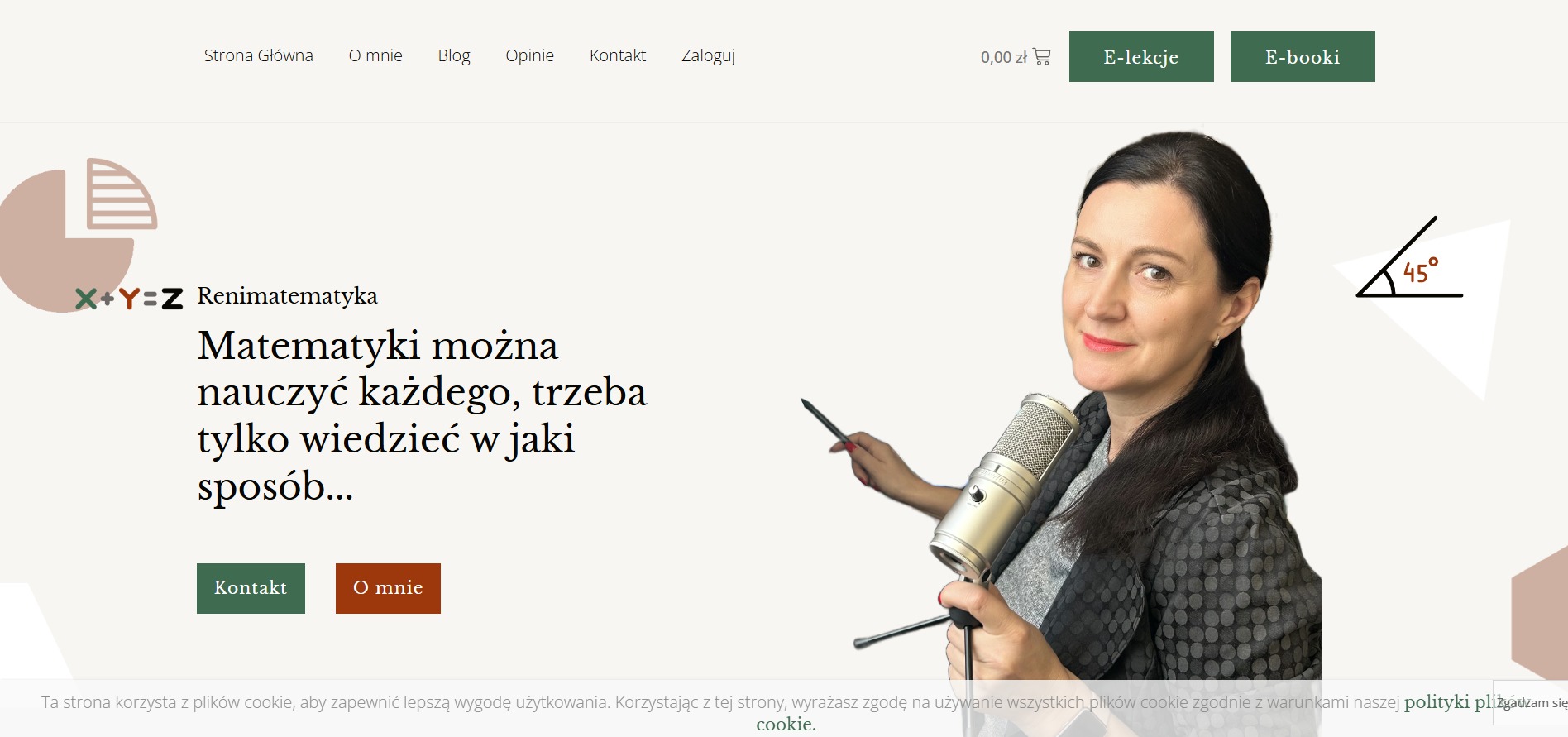 Strona Renimatematyka: kobieta z mikrofonem prezentuje ofertę e-lekcji i e-booków z matematyki. Grafika strony w stonowanych, pastelowych barwach.