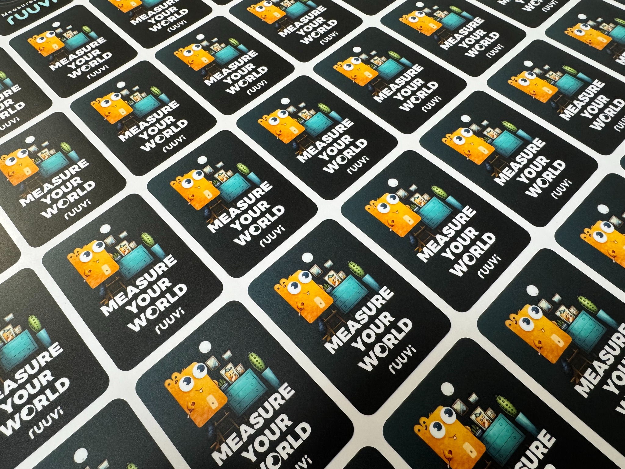 Naklejki produktowe z efektowną grafiką na arkuszach drukowane na folii z laminatem matowym.