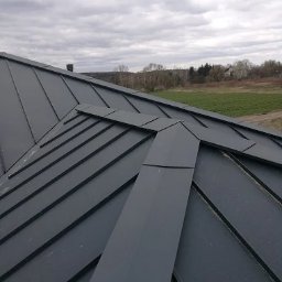 A-R DACH BIS S.C. - Szary dach z blachy na tle pochmurnego nieba i zieleni. Widoczne łączenia blachy, tworzące geometryczny wzór. Ujęcie z góry, podkreślające strukturę pokrycia.