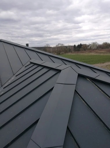Szary dach z blachy na tle pochmurnego nieba i zieleni. Widoczne łączenia blachy, tworzące geometryczny wzór. Ujęcie z góry, podkreślające strukturę pokrycia.