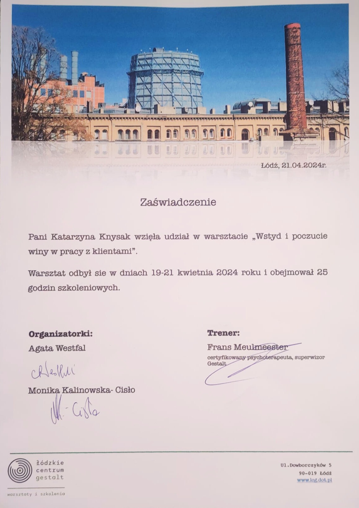 Zaświadczenie o udziale w warsztacie 'Wstyd i poczucie winy w pracy z klientami', Łódzkie Centrum Gestalt, z datą i podpisami organizatorów i trenera.