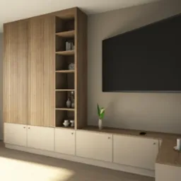 Nowoczesna szafa z drewnianymi lamelami i otwartymi półkami, wkomponowana w zabudowę RTV z jasnymi frontami. Minimalistyczny design, ciepła kolorystyka, oświetlenie naturalne.