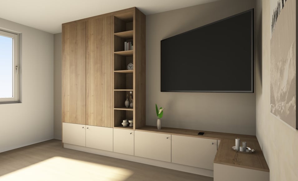 Nowoczesna szafa z drewnianymi lamelami i otwartymi półkami, wkomponowana w zabudowę RTV z jasnymi frontami. Minimalistyczny design, ciepła kolorystyka, oświetlenie naturalne.