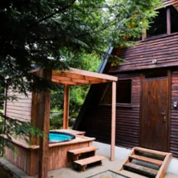 Drewniany domek w stylu A-frame z zabudowanym jacuzzi i schodkami. Widoczna drewniana elewacja, okno i drzwi wejściowe. Całość otoczona zielenią.