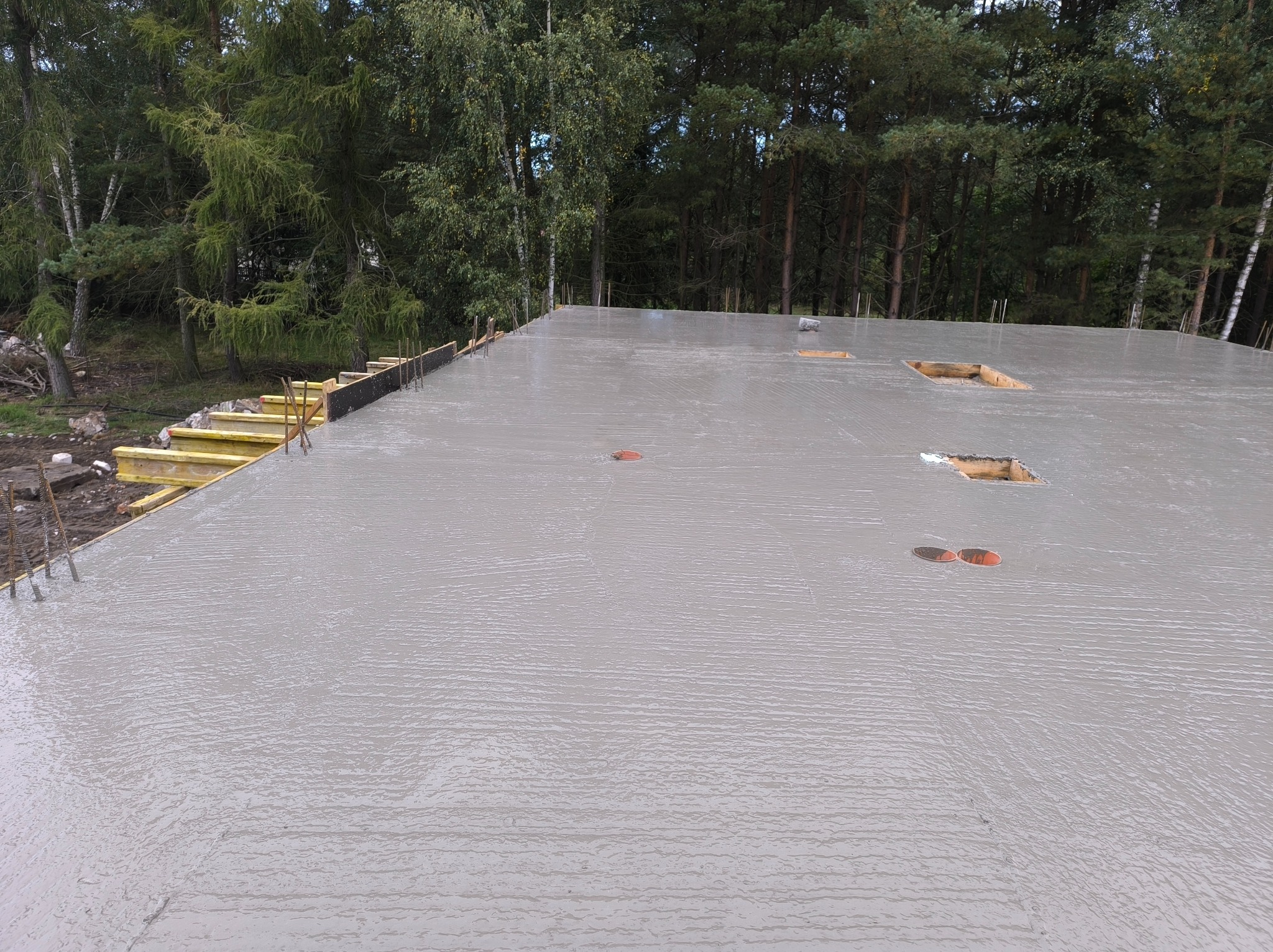 Wylany, świeży beton na fundamencie budynku, widoczne szalunki i wystające pręty zbrojeniowe, otwory instalacyjne. Tło stanowią drzewa.